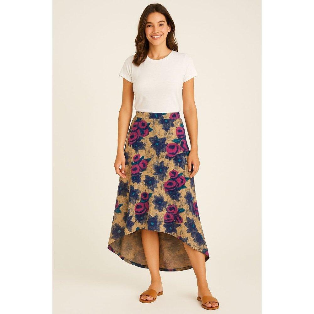 Threads 4 Thought Organic Cotton Y2K High-Low Skirt Sz L Painterly‎ Floral Print
